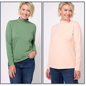 Denim & Co Essentials 2 Pack Perfect Jersey Mock Neck Tops Size L Green Peach